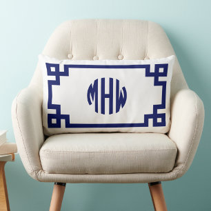 White Navy Blue Circle Monogram Greek Key DIY BG Lumbar Cushion