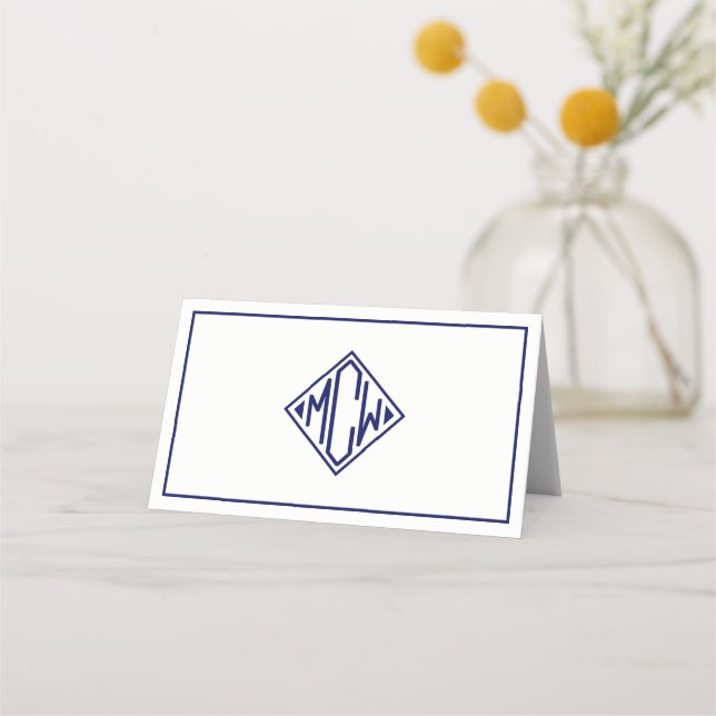 White Navy Blue Diamond Monogram Font DIY BG Place Card (Back)