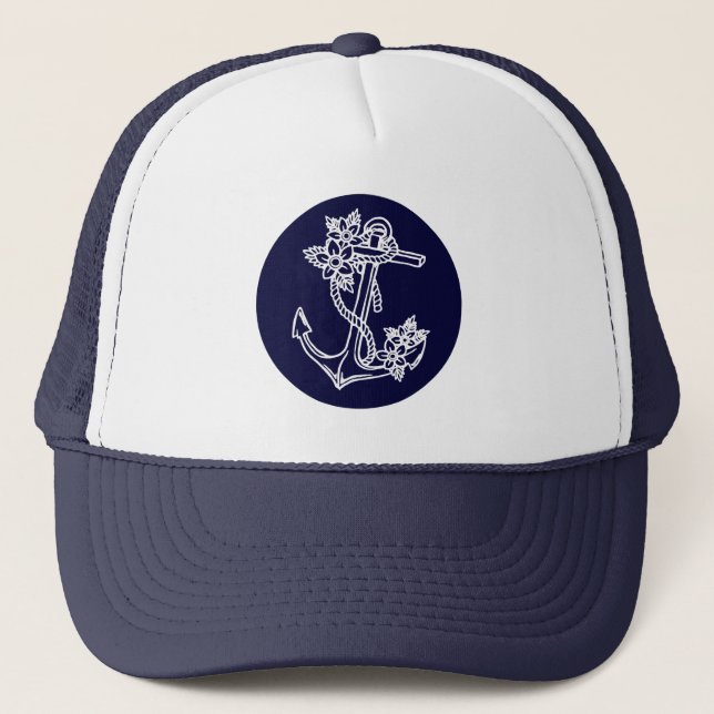 White & Navy Blue Floral Nautical Boat Anchor Trucker Hat (Front)