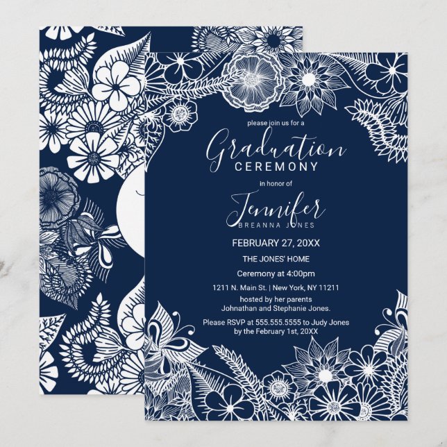 White Navy Blue Illustrative Florals Graduation Invitation (Front/Back)
