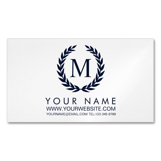 White & Navy Blue Laurel Wreath Monogram Magnetic Business Card (Front)