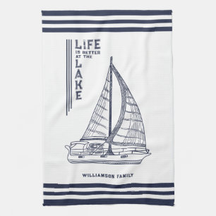 White Navy Blue Life is Better at the Lake Tea Towel