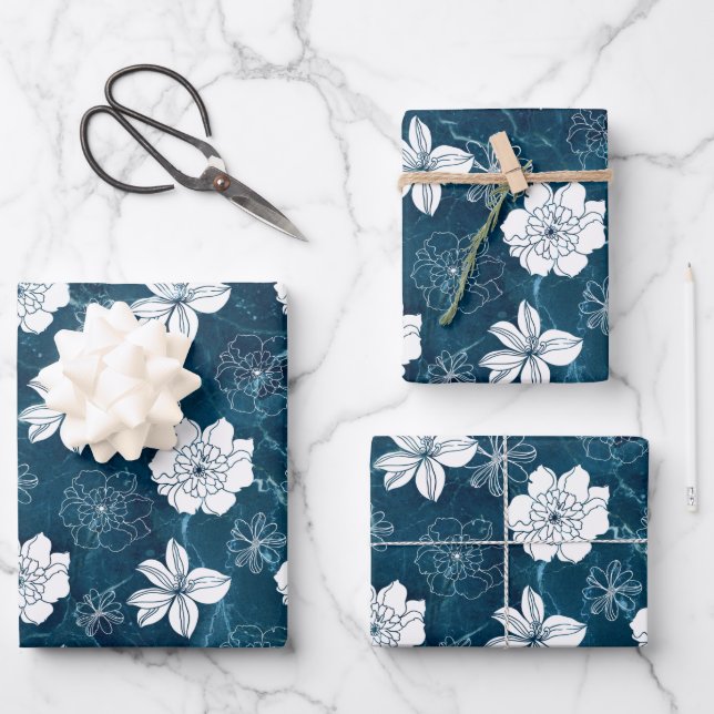 White & Navy Blue Marble Graphic Floral Pattern  Wrapping Paper Sheet (Front)