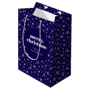 White Navy Blue Merry Christmas Snowflake Pattern Medium Gift Bag