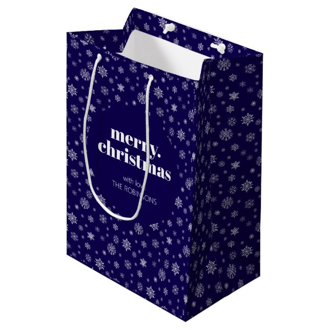 White Navy Blue Merry Christmas Snowflake Pattern Medium Gift Bag (Front Angled)