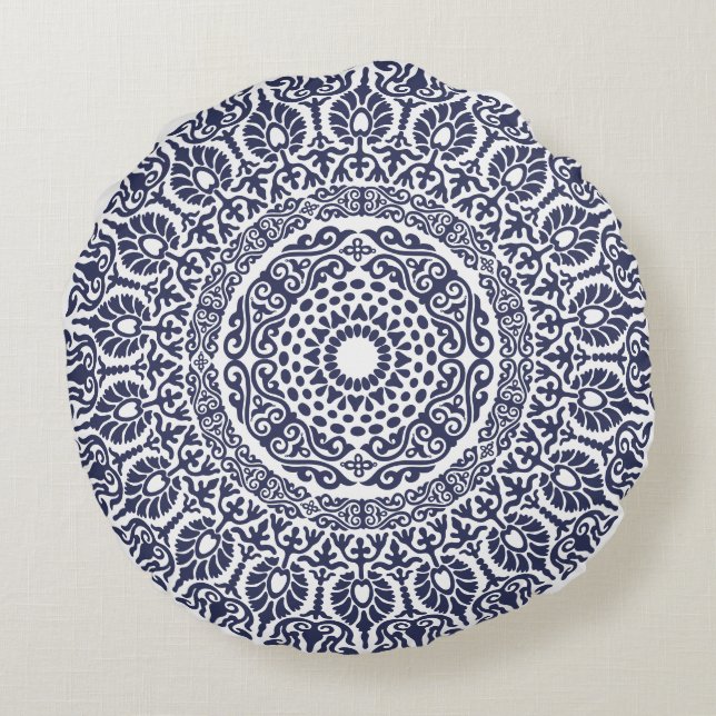 White & Navy Blue Modern Mandala boho chic Indian Round Cushion (Back)