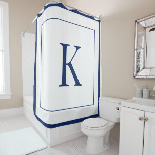 White &navy blue Monogram initial Shower Curtain
