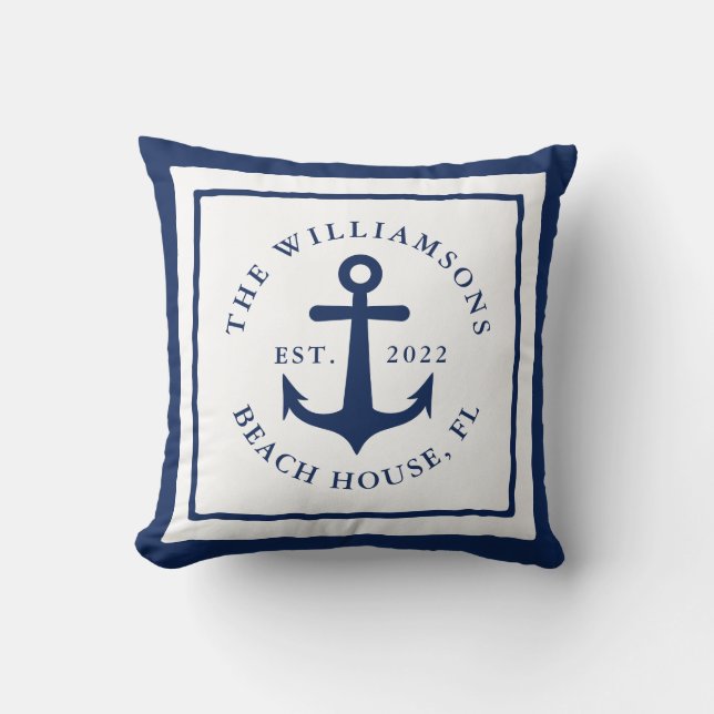 White Navy Blue Nautical Anchor Family Monogram Cushion (Front)