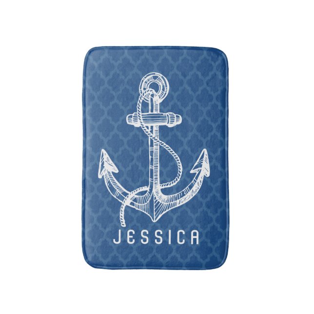 White & Navy Blue nautical Boat Anchor & Wheel 2 Bath Mat (Front Vertical)