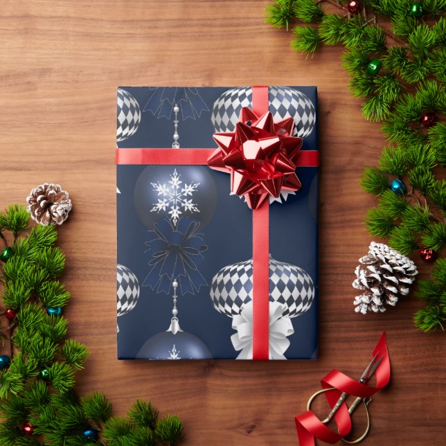 White Navy Blue Ornaments Holiday Wrapping Paper (Holiday Gift)