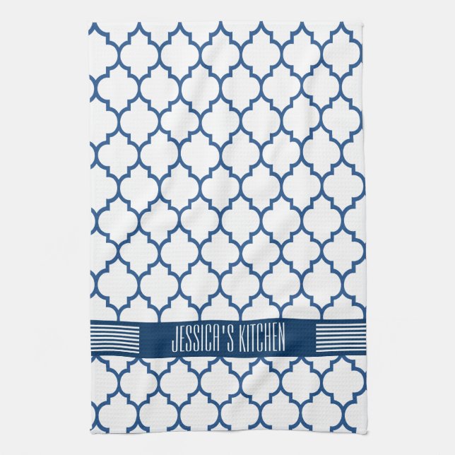 White & Navy Blue Quatrefoil Pattern Tea Towel (Vertical)