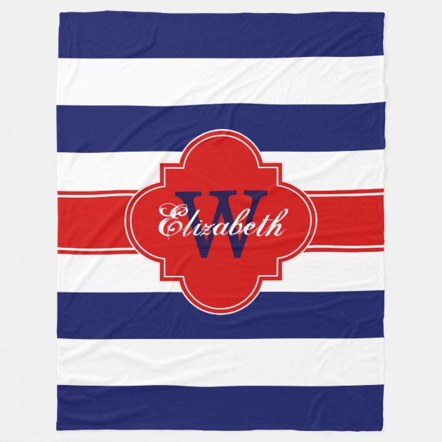 White Navy Blue Red LG Stripes Quatrefoil 3INQR Fleece Blanket (Front)