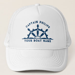 White & navy blue steering boat wheel custom text trucker hat
