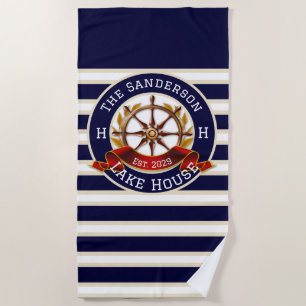 White Navy Blue Stripe Beach house or Lake house Beach Towel