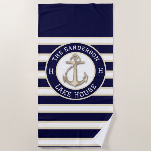 White Navy Blue Stripe Beach house or Lake house Towel