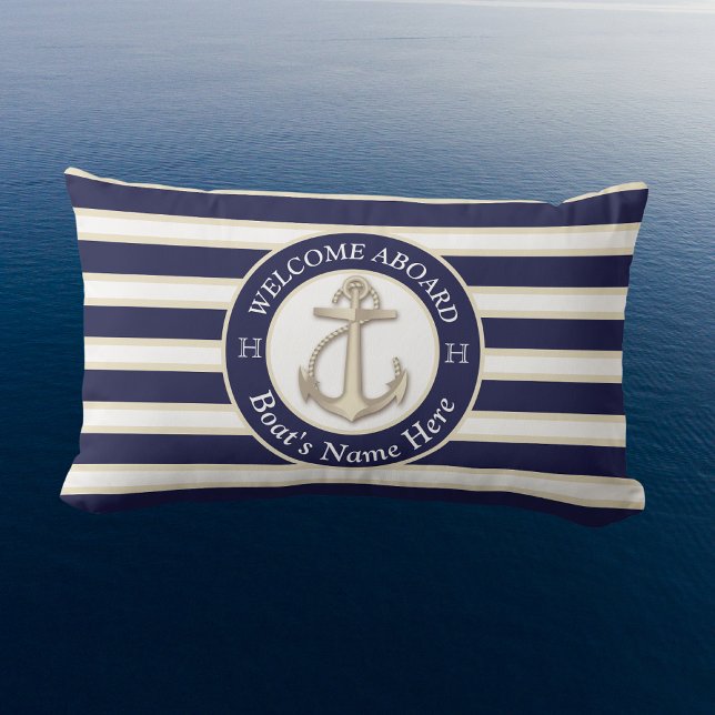 White  Navy Blue Stripe Boat Name Anchor Welcome Lumbar Cushion (Creator Uploaded)