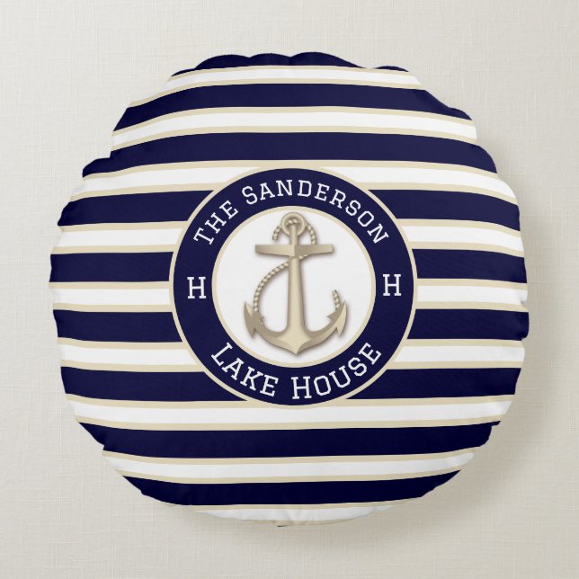 White  Navy Blue Stripe Boat Name Anchor Welcome Round Cushion (Front)