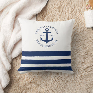 White Navy Blue Stripes Family Monogram Nautical Cushion