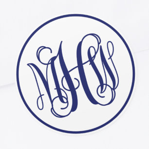 White Navy Blue Vine Script Monogram, DIY BG Classic Round Sticker