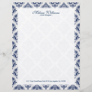 White  & Navy Blue Vintage Damasks Pattern Personalized Letterhead