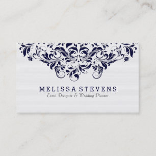 White & Navy-blue Vintage Floral Swirls Lace Business Card