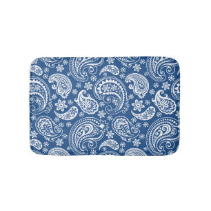 White & Navy Blue Vintage Paisley Bath Mat