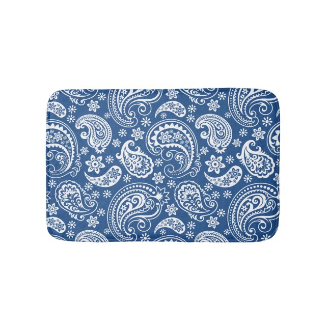 White & Navy Blue Vintage Paisley Bath Mat (Front)