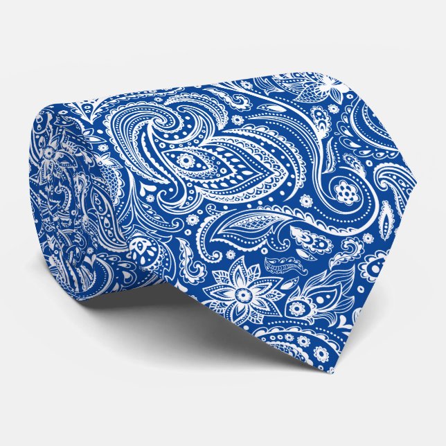 White & Navy-blue Vintage Paisley Pattern Tie (Rolled)