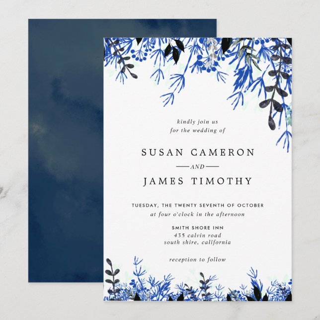 White Navy Blue Watercolor Winter Wedding Invitation (Front/Back)