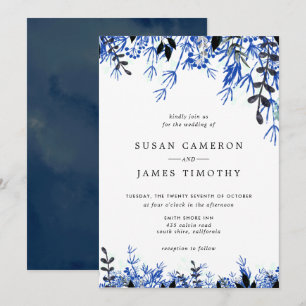 White Navy Blue Watercolor Winter Wedding Invitation