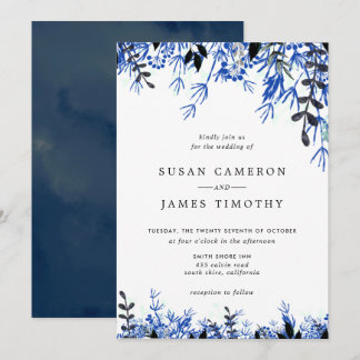 White Navy Blue Watercolor Winter Wedding Invitation
