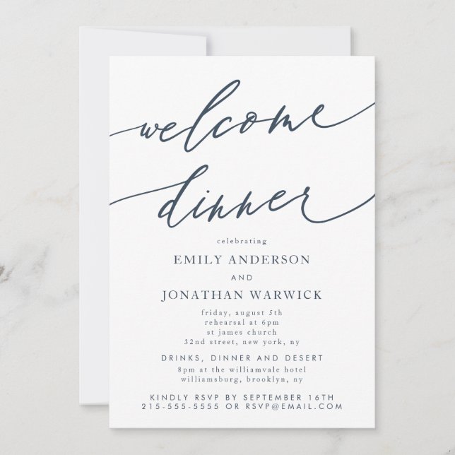White Navy Blue Wedding Welcome Dinner Invitation (Front)