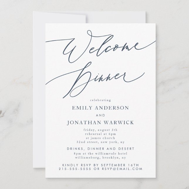 White Navy Blue Wedding Welcome Dinner Invitation (Front)