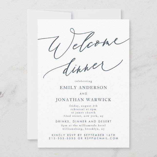 White Navy Blue Wedding Welcome Dinner Invitation (Front)