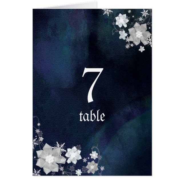 White & Navy Blue Winter Wedding Table Numbers (Front)