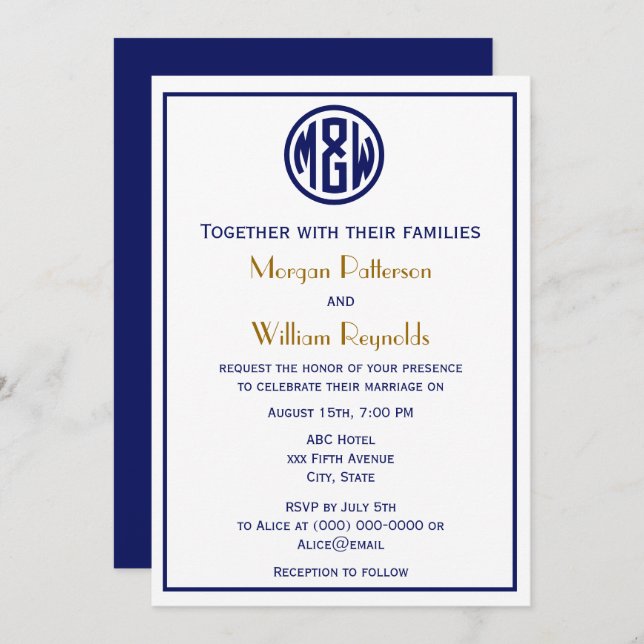 White Navy Circle Monogram Font DIY BG Invitation (Front/Back)