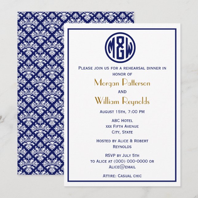 White Navy Circle Monogram Font DIY BG Invitation (Front/Back)