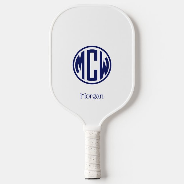 White Navy Circle Monogram Font DIY BG Pickleball Paddle (Front)