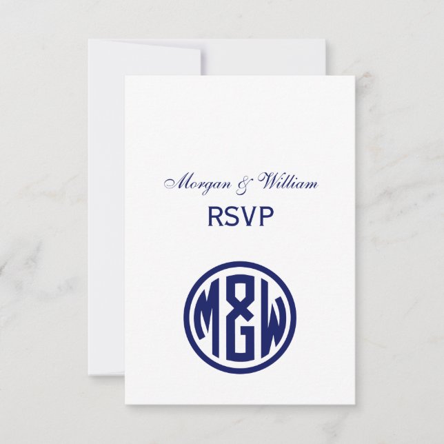 White Navy Circle Monogram Font DIY BG RSVP Card (Front)