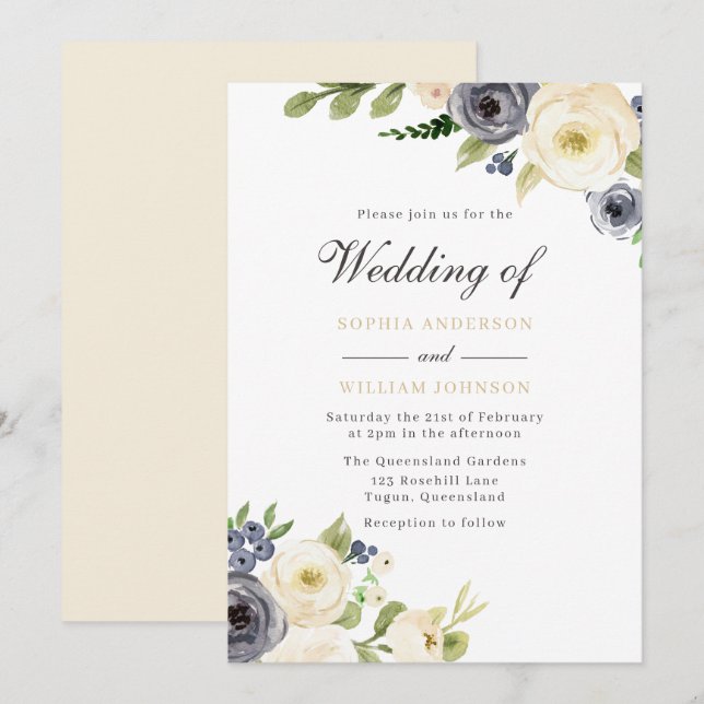 White & Navy Elegant Floral Roses Wedding Invitation (Front/Back)