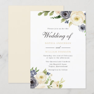 White & Navy Elegant Floral Roses Wedding Invitation