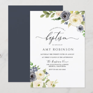 White & Navy Elegant Watercolor Baptism Invitation