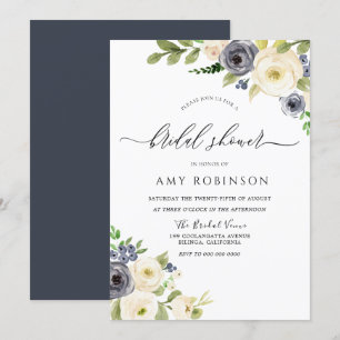 White & Navy Elegant Watercolor Bridal Shower Invitation