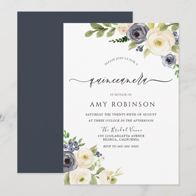 White & Navy Elegant Watercolor Quinceanera Party Invitation (Front/Back)