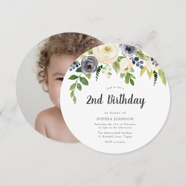 White Navy Floral Girl Boy Photo 2nd Birthday Invitation (Front/Back)