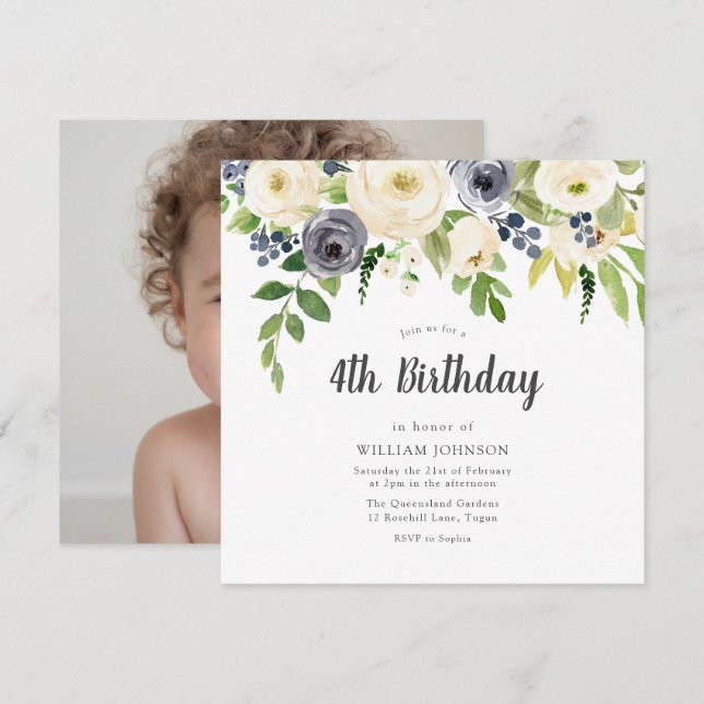White Navy Floral Girl Boy Photo 4th Birthday Invitation (Front/Back)