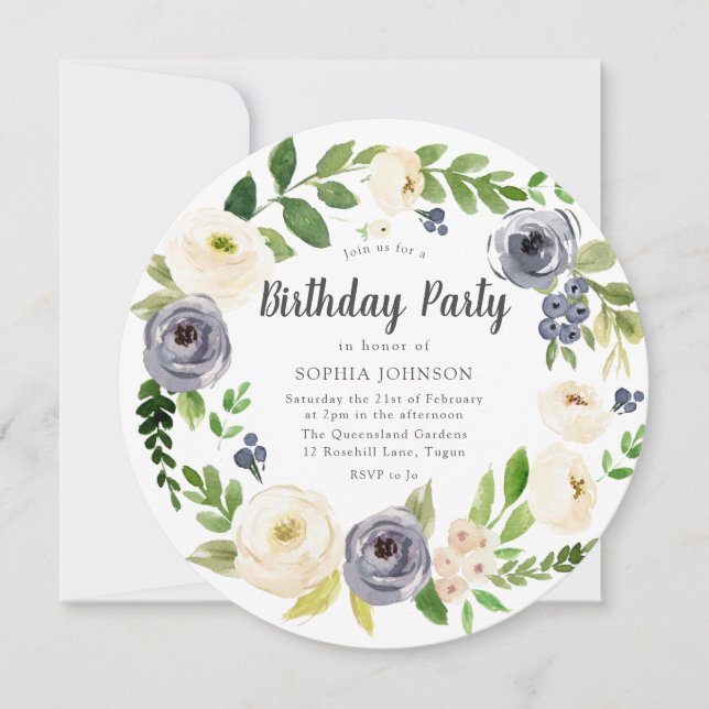 White Navy Floral Wreath All years Birthday Party Invitation (Front)
