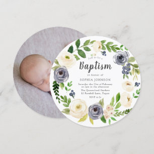 White Navy Floral Wreath Baby Photo Baptism Invitation