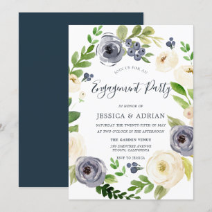 White & Navy Floral Wreath Engagement Party Invitation