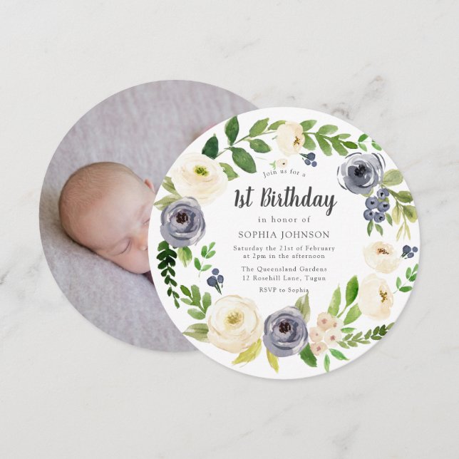 White Navy Floral Wreath Photo 1st Birthday Party Invitation (Front/Back)